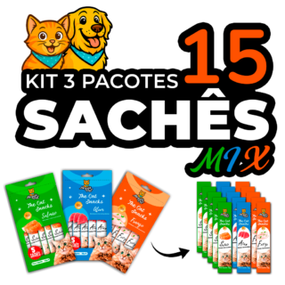 Kit15 Petisco Snack Cremoso MeguisPet p/Gatos Sabor 1Frango +1Atum +1Salmao= 3 Pacotes Total 225g
