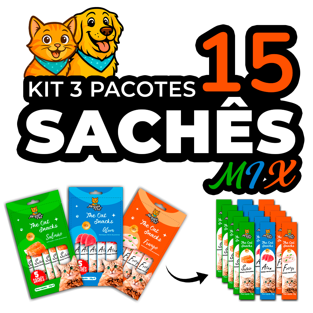Kit15 Petisco Snack Cremoso MeguisPet p/Gatos Sabor 1Frango +1Atum +1Salmao= 3 Pacotes Total 225g