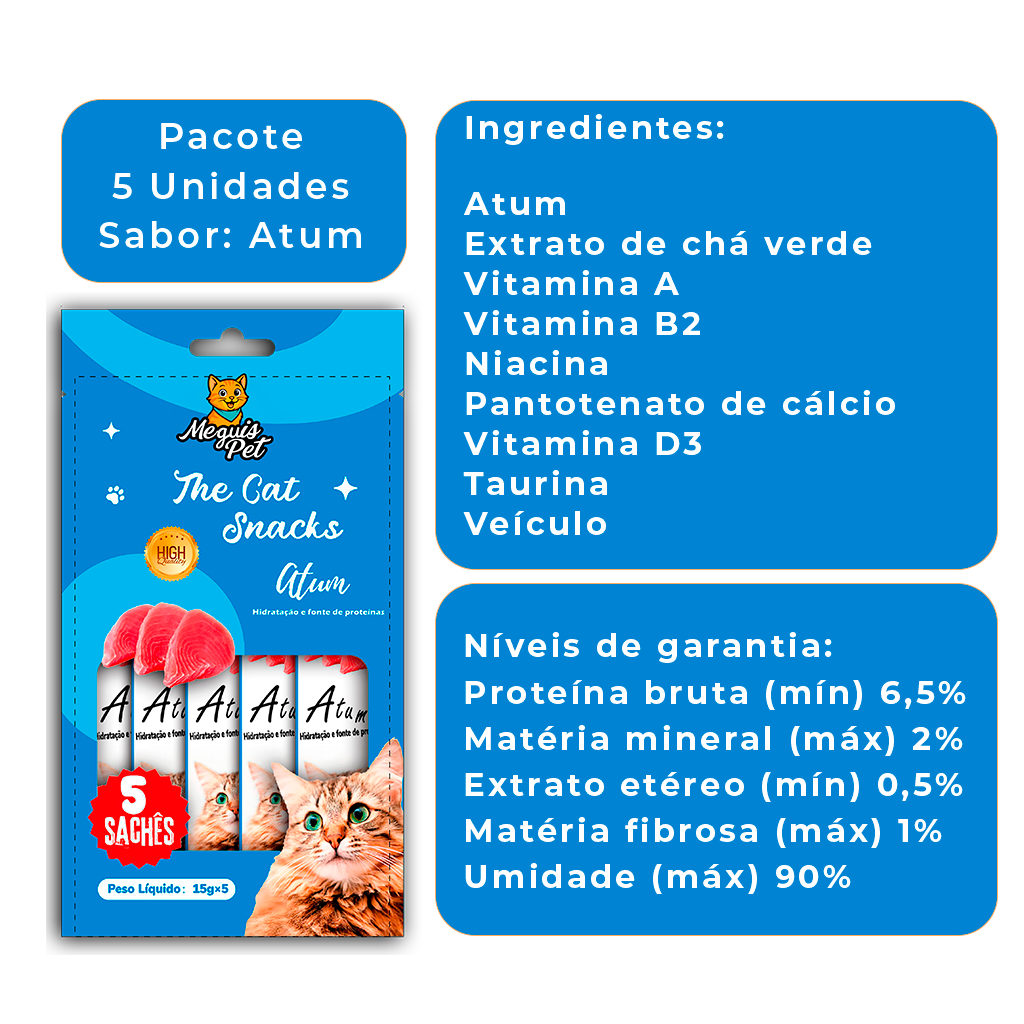 Kit15 Petisco Snack Cremoso MeguisPet p/Gatos Sabor Atum 1+1+1 = 3 Pacotes=15 saches Total 225g - Imagem 2