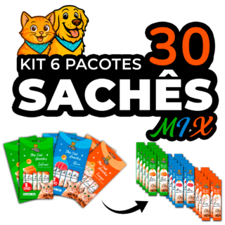 Kit30 Petisco Snack Cremoso MeguisPet p/Gatos Sabor 2 Frango +2 Atum +2 Salmao Total 450g 30 saches