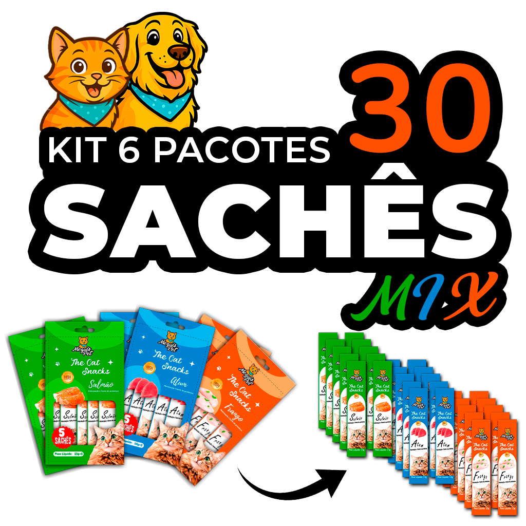 Kit30 Petisco Snack Cremoso MeguisPet p/Gatos Sabor 2 Frango +2 Atum +2 Salmao Total 450g 30 saches