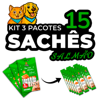 Kit15 Petisco Snack Cremoso MeguisPet p/Gatos Sabor Salmao 1+1+1=3 Pacotes=15 saches Total 225g