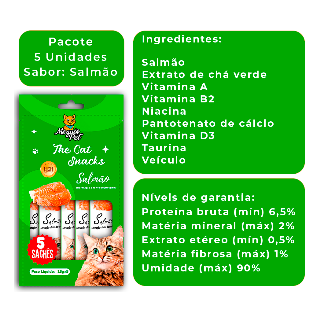 Kit10 Petisco Snack Cremoso MeguisPet p/Gatos Sabor Salmao 1+1 = 2 Pacotes = 10 saches Total 150g - Imagem 6